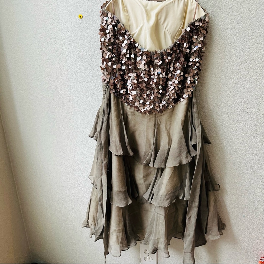 Scala Strapless Taupe Gray Sparkle Sequin Silk Ru… - image 3